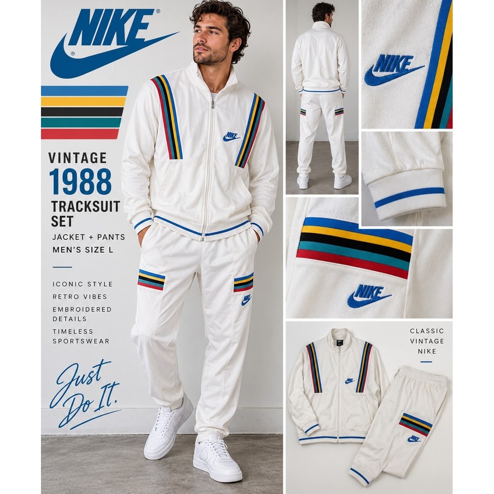 Vintage Nike 1988 Tracksuit Mens L Jacket Pants Set Rainbow Stripe Embroidered